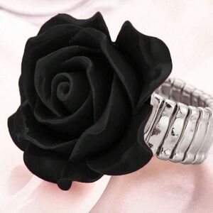 Black shiny resin Rose stretch band Statement Ring - Silver Band